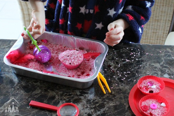 Valentine Cupcakes fine motor play with rice
